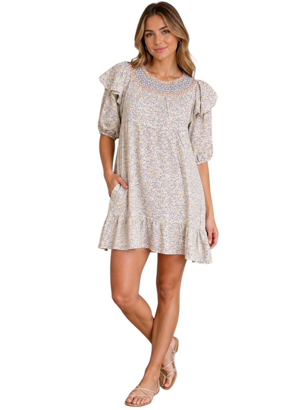 Davi & Dani Floral Smocked Ruffle Mini Dress NWT Size Small